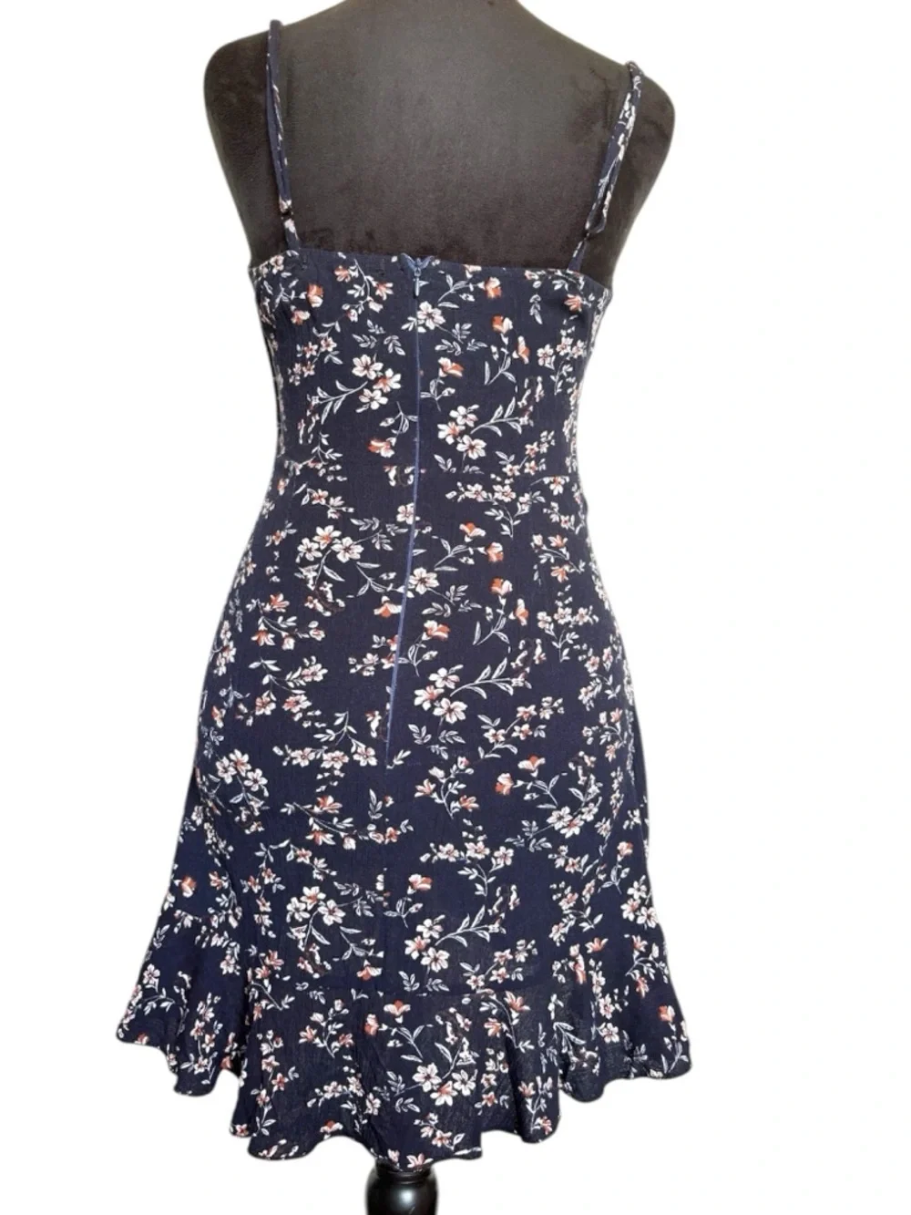Zaful Navy Floral Spaghetti-Strap Dress with Blush Accents and Tie waist closure